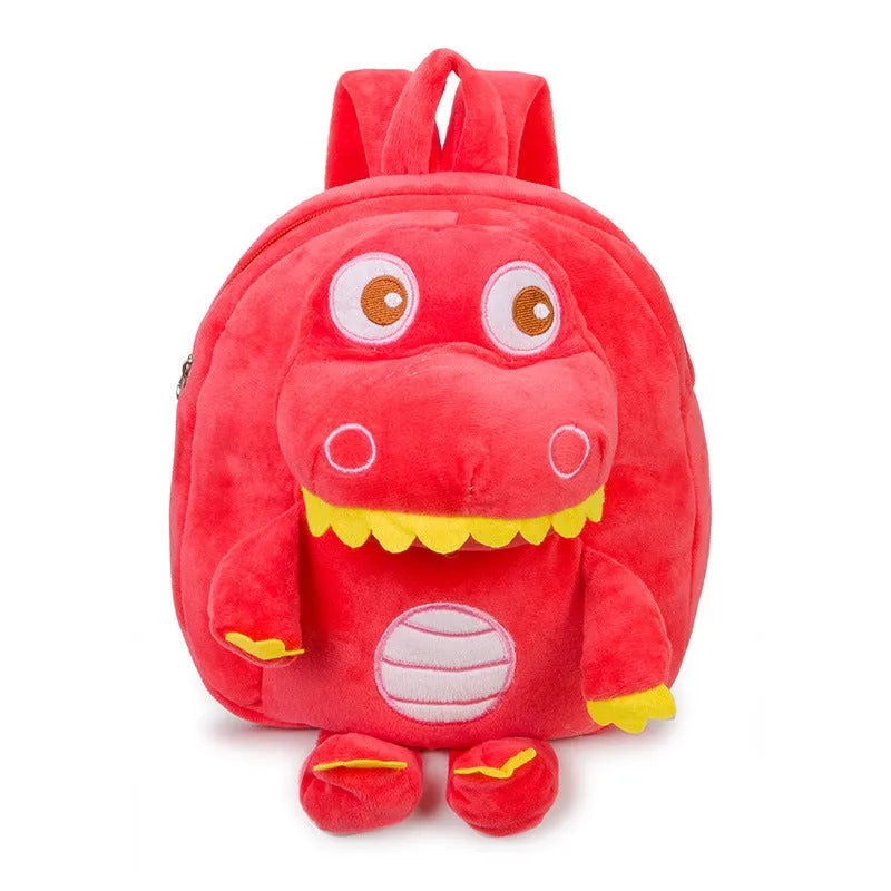 Blue dinosaur plush backpack for children with embroidery, soft handle, and under 20-litre capacity