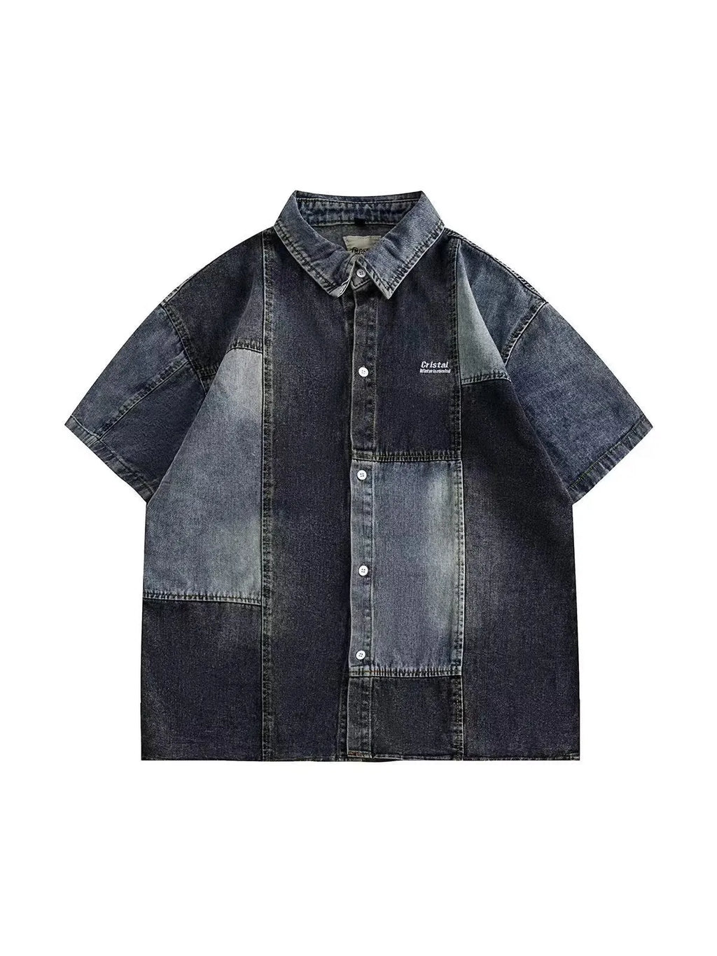 Blue men's loose-fit denim shirt with Japanese retro wash and stitching details