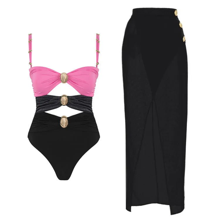 Women's solid colour one-piece swimsuit with a detachable skirt in assorted colours.