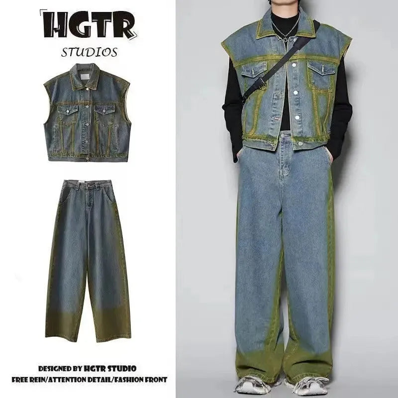Blue distressed fleece-lined vest and jeans suit set on a hanger