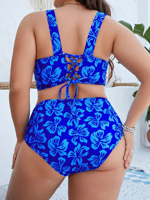 Blue floral print split bikini swimsuit set for women with Asian sizing options