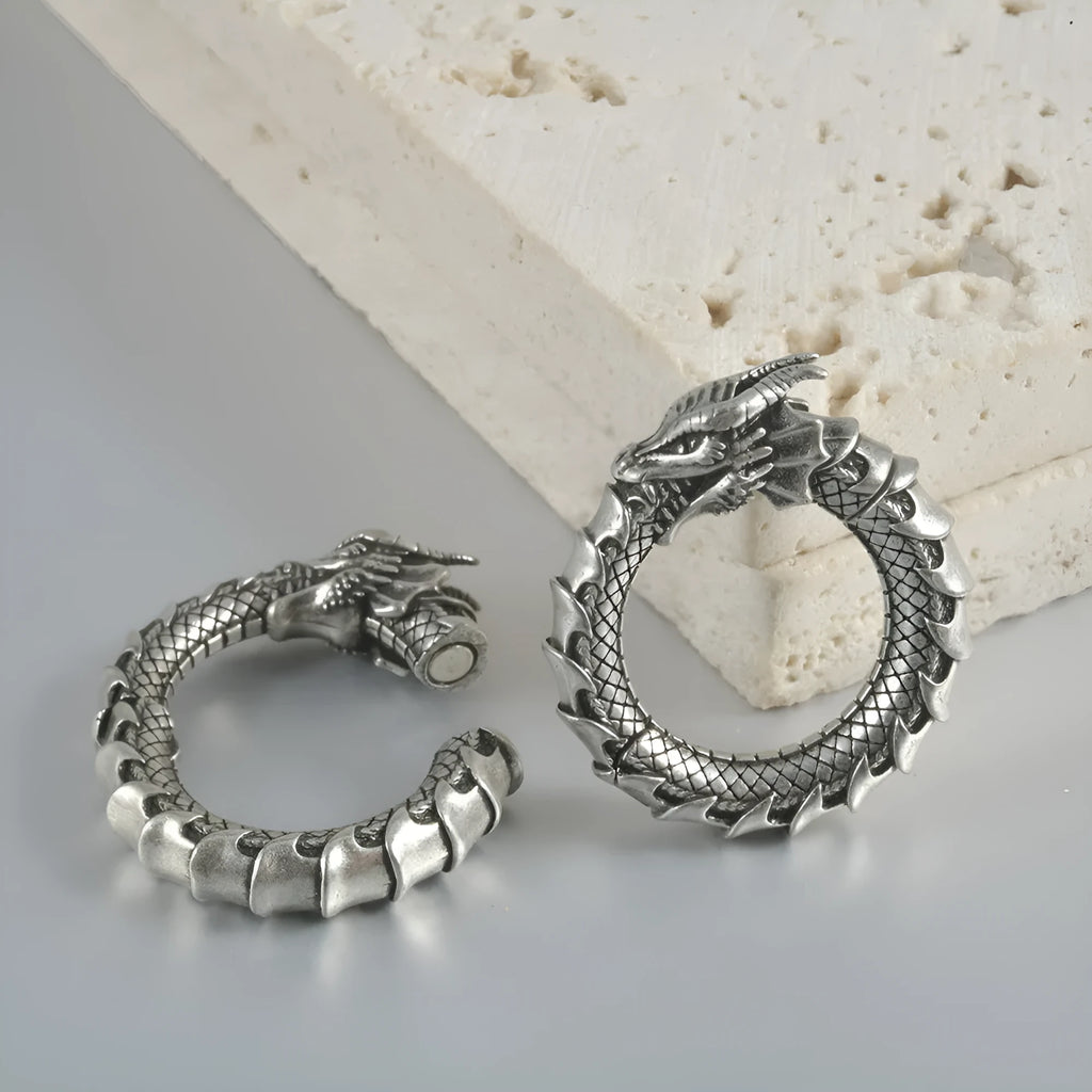 Retro large geometric auricle earrings with antique silver dragon shape detail