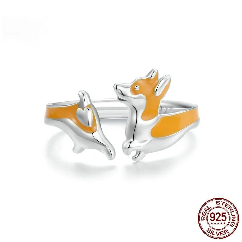 Silver cartoon corgi ring with electroplated finish in colour SCR1014-E.