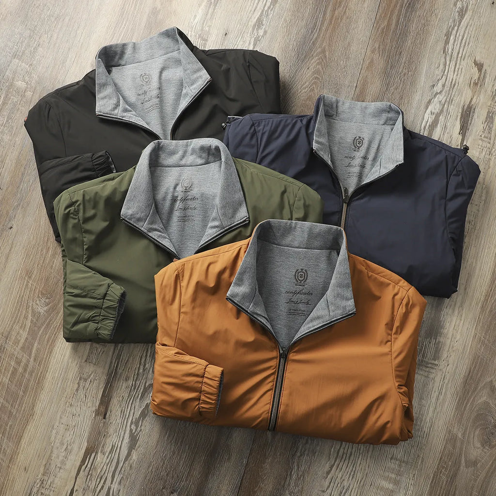 Men's stand collar business casual jacket in polyester cotton blend fabric showing regular fit and standard sleeves