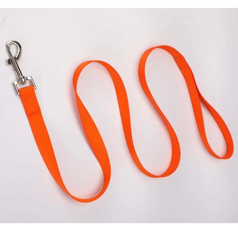 Solid colour nylon dog rope leash showing four width options and multiple colour choices for pet control