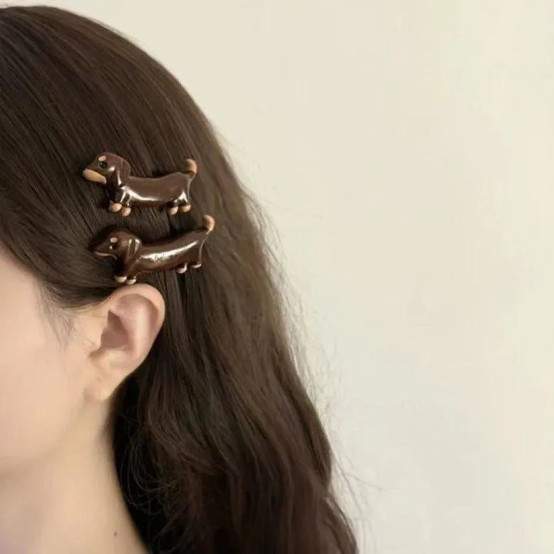 Dachshund dog design hair barrettes with electroplated finish, mixed material construction