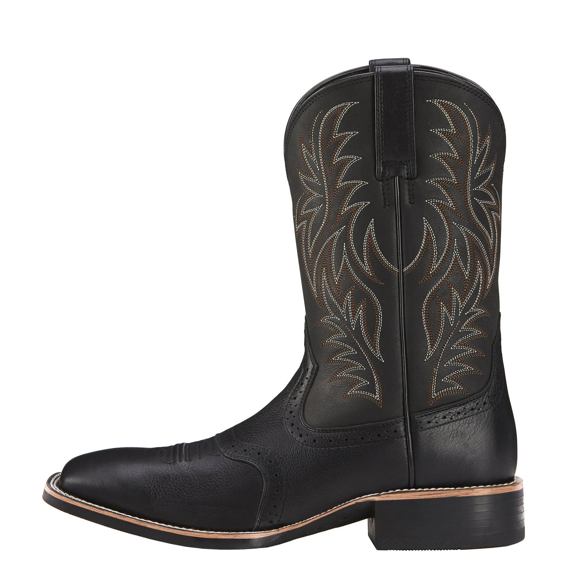 Men's black Western cowboy boots with intricate embroidery stitching, a wide square toe, and a high shaft.