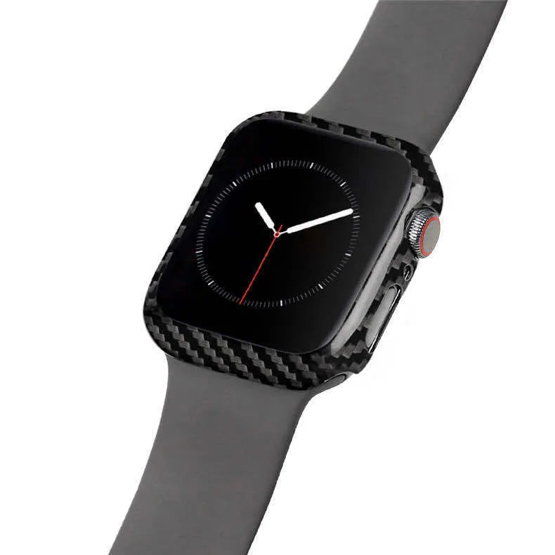 Ultra-thin black carbon fibre half-wrap case for a 44mm Apple Watch Series 4 on a leather band.