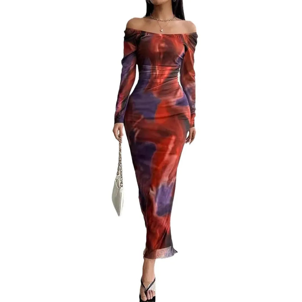 Women's green printed pleated mesh fishtail dress with square collar and thigh split