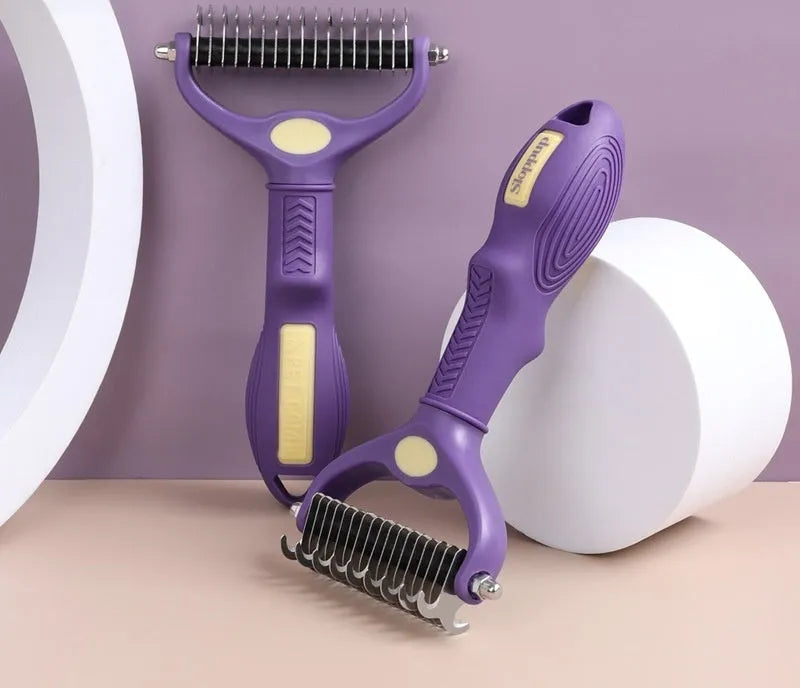 Purple plastic double-sided pet grooming comb for removing tangles and knots