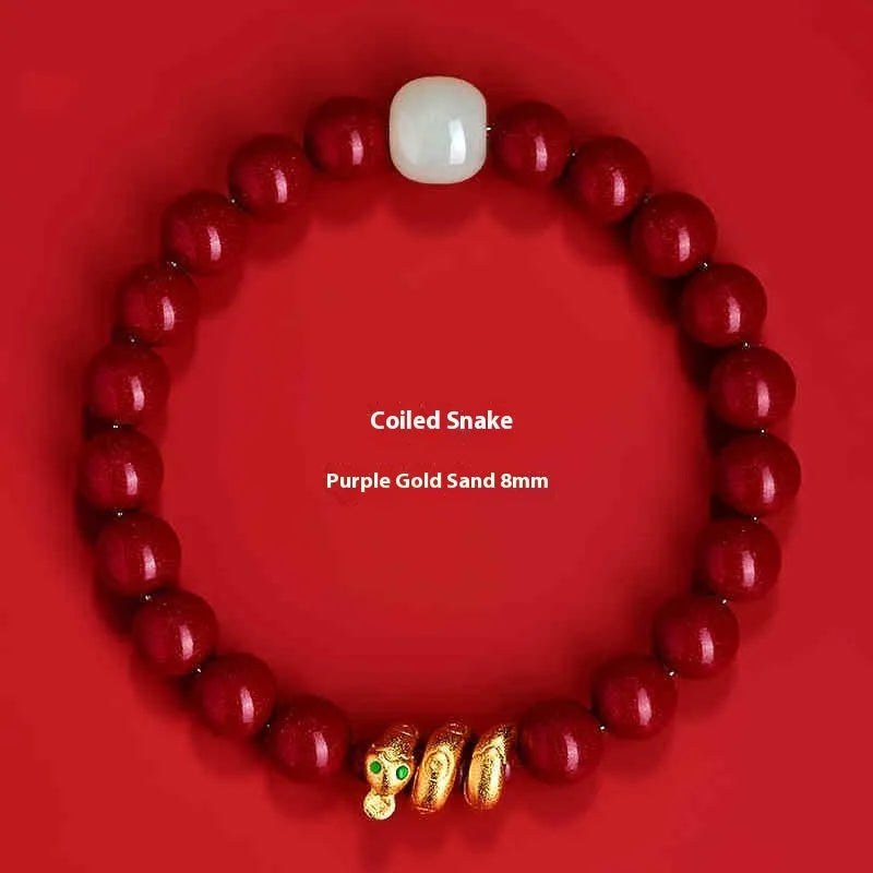 Handmade cinnabar snake zodiac bracelet in Chinese style with 6mm or 8mm bead options