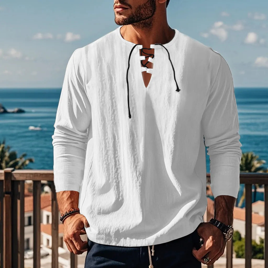 Men's solid colour cotton linen blend beach shirt in loose pullover style shown in army green