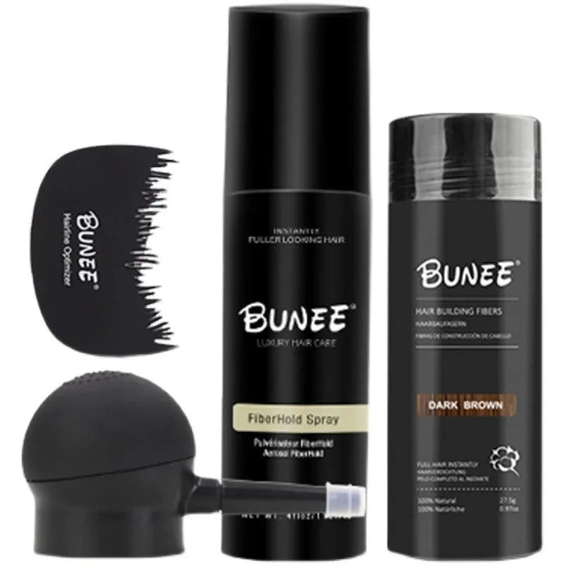275g hair fibre powder canister, shaping spray bottle, and applicator nozzle for thickening sparse hair