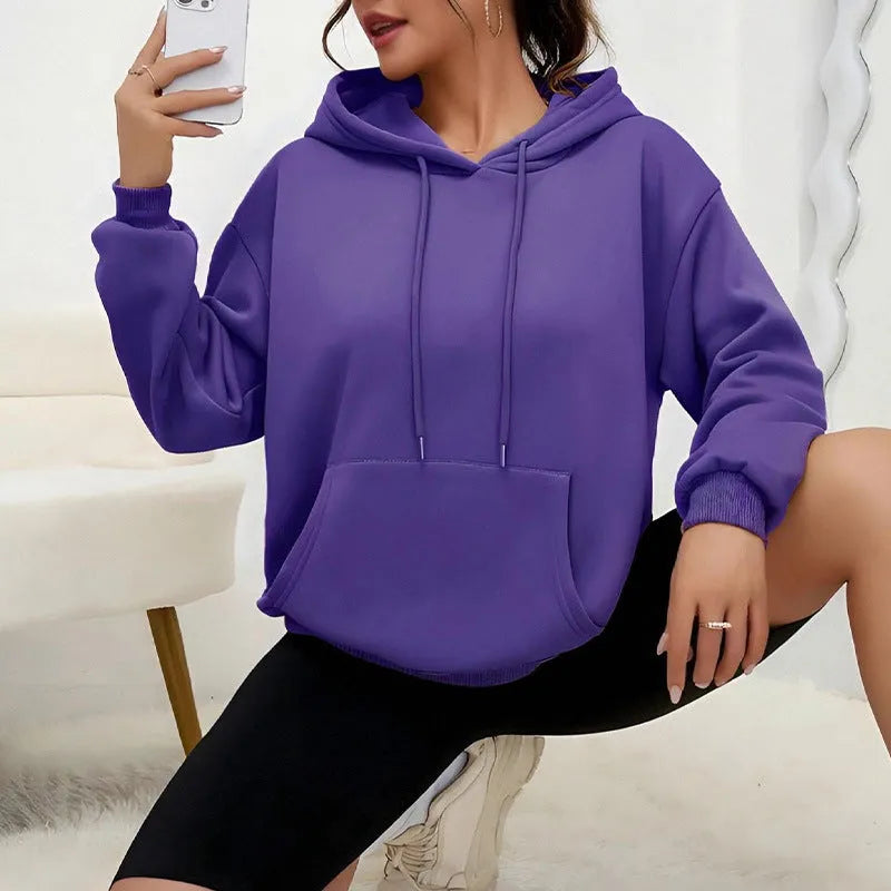 Women's loose fit gray sweatshirt with drawstring waist and front pockets, long sleeve casual top