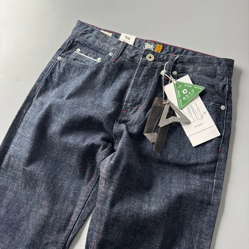 Men's blue straight leg denim jeans with American retro styling and mid waist design