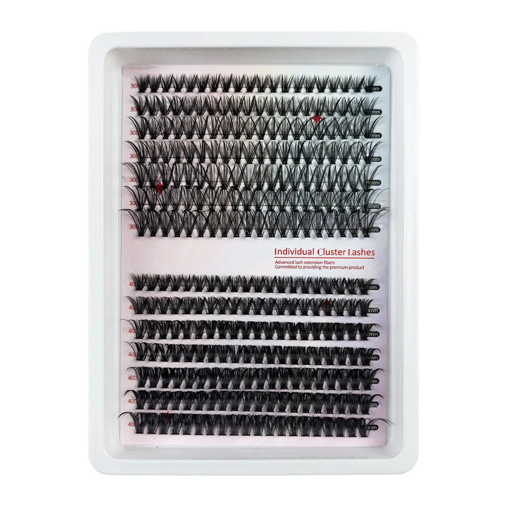 Large box of mixed messy false eyelashes showing storage dimensions and style variety.