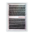 Large box of mixed messy false eyelashes showing storage dimensions and style variety.