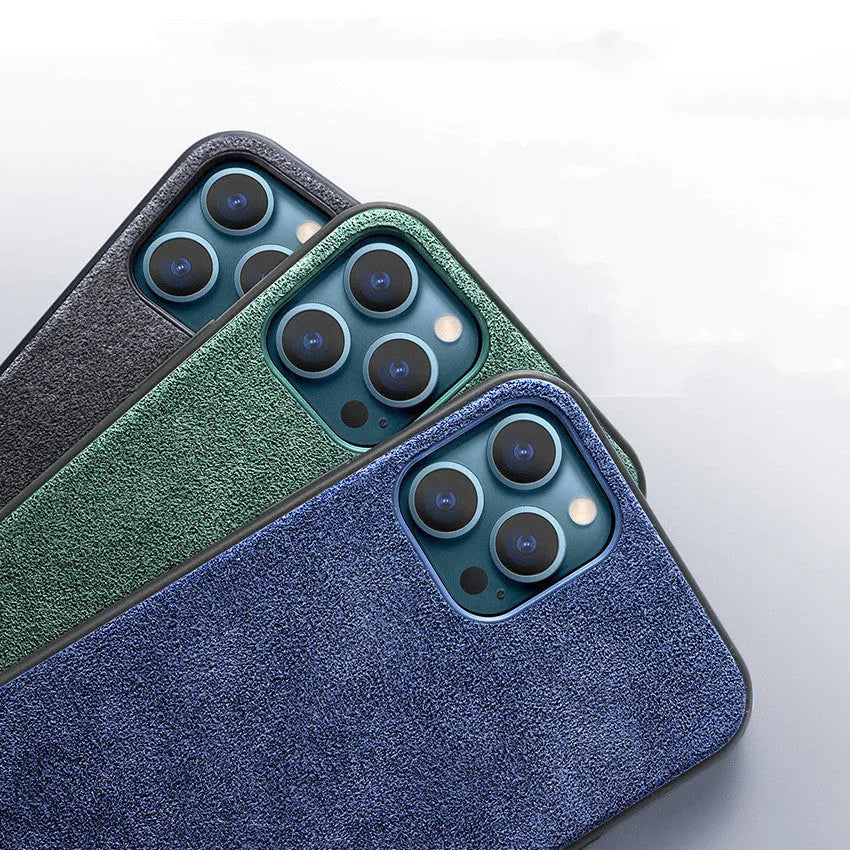 Suede iPhone case in dark blue colour showing full-cover design on an iPhone model.