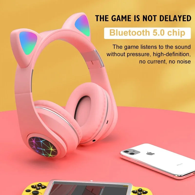 Cat ear wireless sports Bluetooth headphones in multiple colours showing head-mounted design
