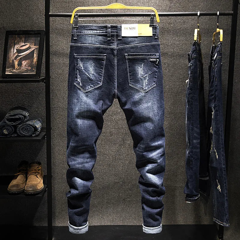 Men's skinny fit jeans in dark blue cotton denim with micro elasticity and mid-waist design