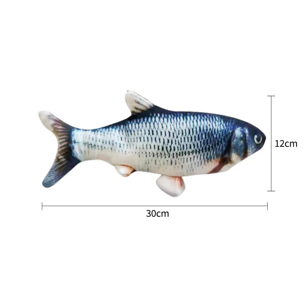 Electric jumping fish simulation cat toy showing multicolor options and USB charging cable.