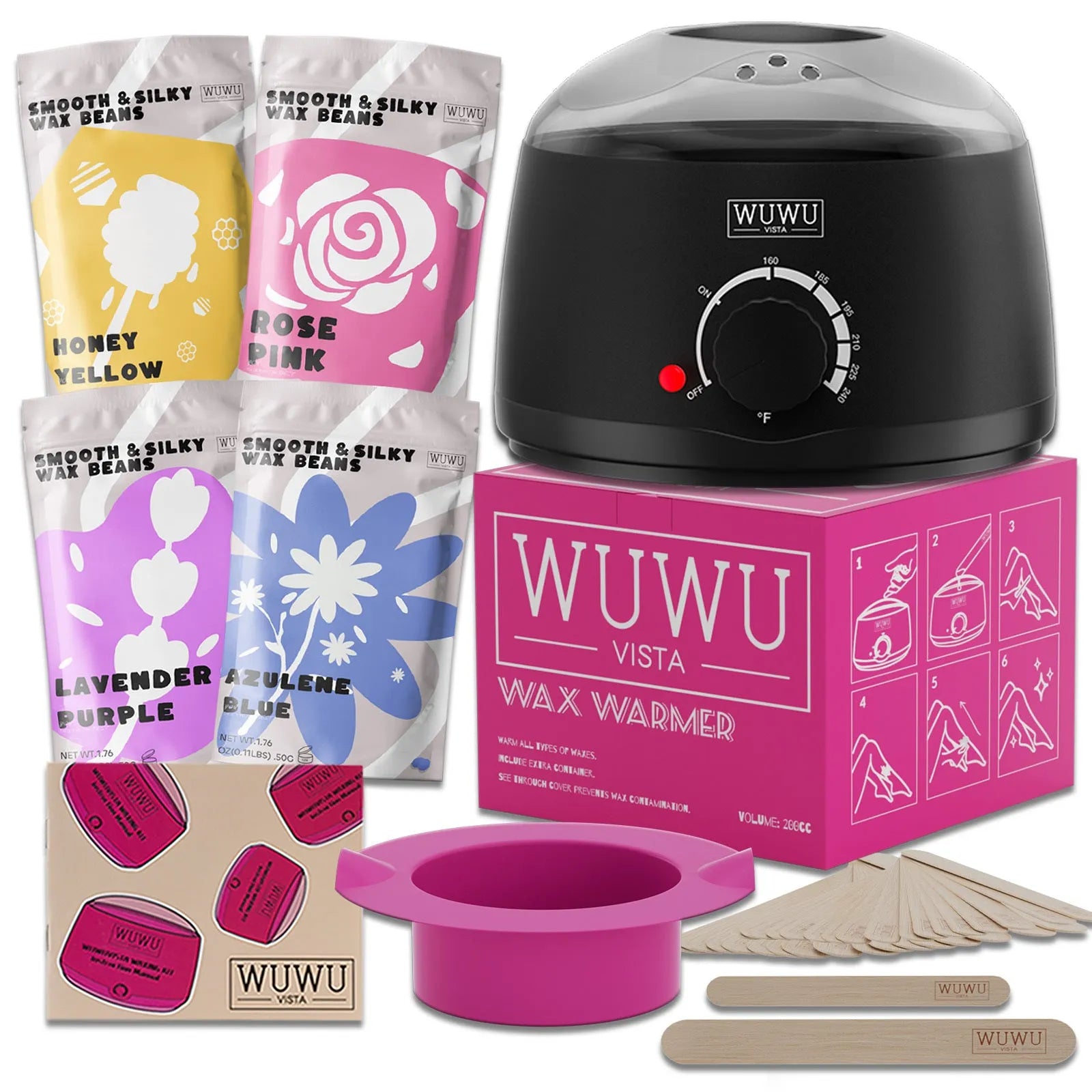 27-piece hair removal waxing kit showing wax beads, electric warmer and applicator sticks