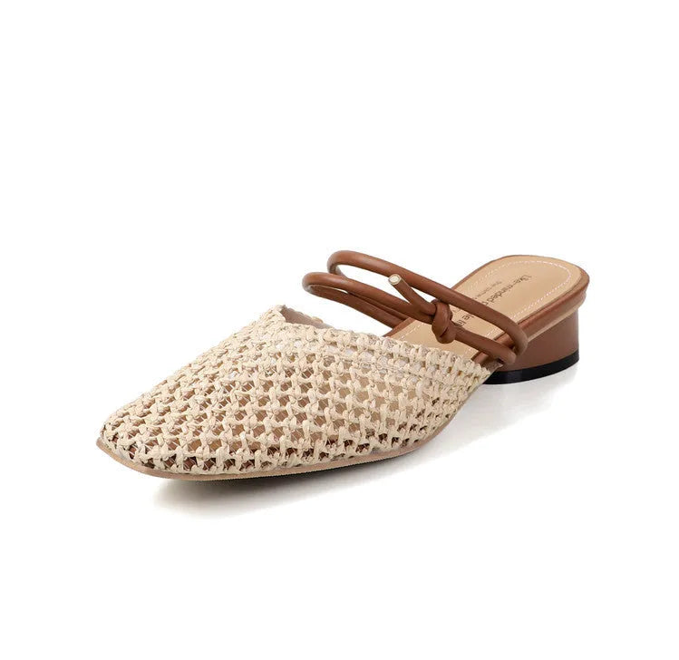 Women's French-style square toe outdoor slippers with hollow-out design and chunky retro heel