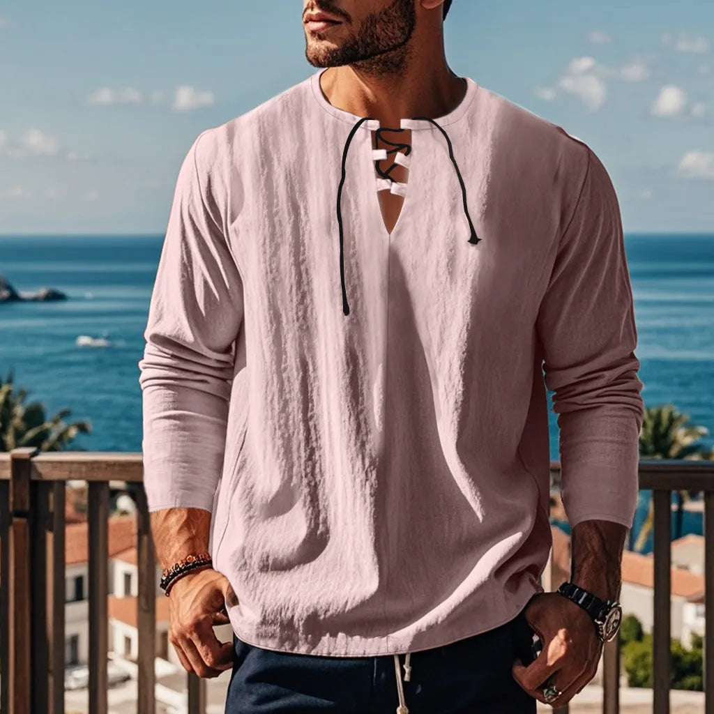 Men's solid colour cotton linen blend beach shirt in loose pullover style shown in army green