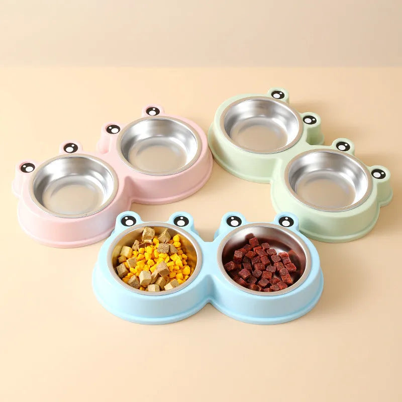 Stainless steel pet bowl with frog design and two compartments for food and water