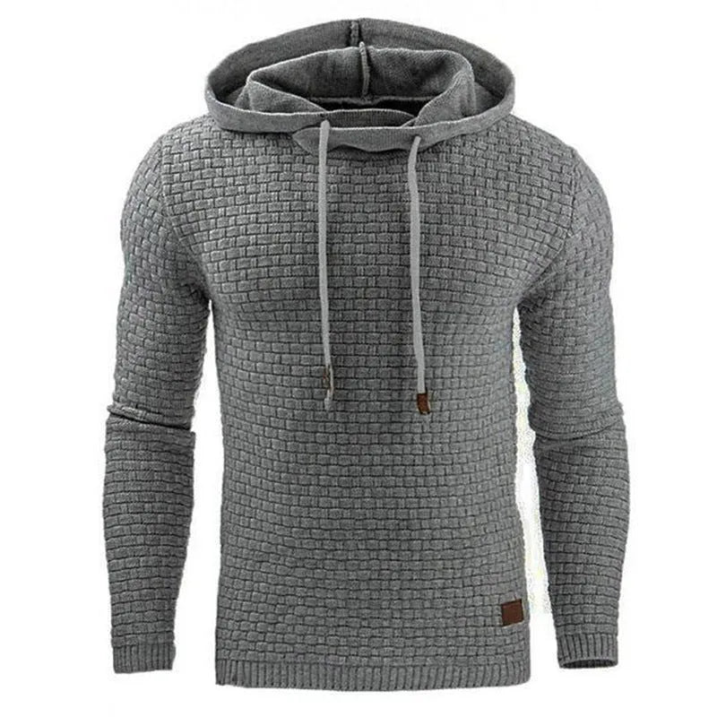A men's hoodie sweater in a cotton-polyester blend, shown in one of nine available colours including black, navy, or grey.