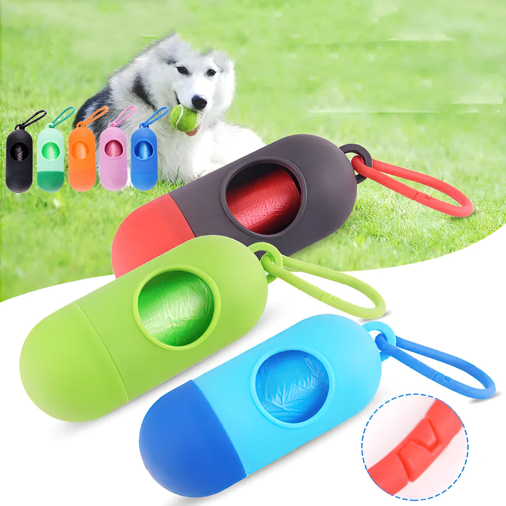 A small black plastic dog poop bag holder with a hook and Velcro strap, shown next to a roll of bags.