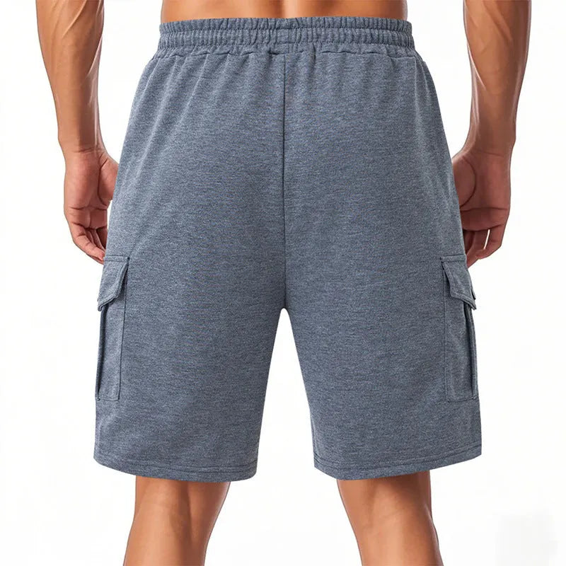 Men's heavy loose casual multi-pocket cargo shorts in light grey ring towel fabric