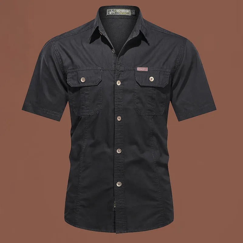Men's loose fit cotton short sleeve work shirt in cardigan style on a hanger