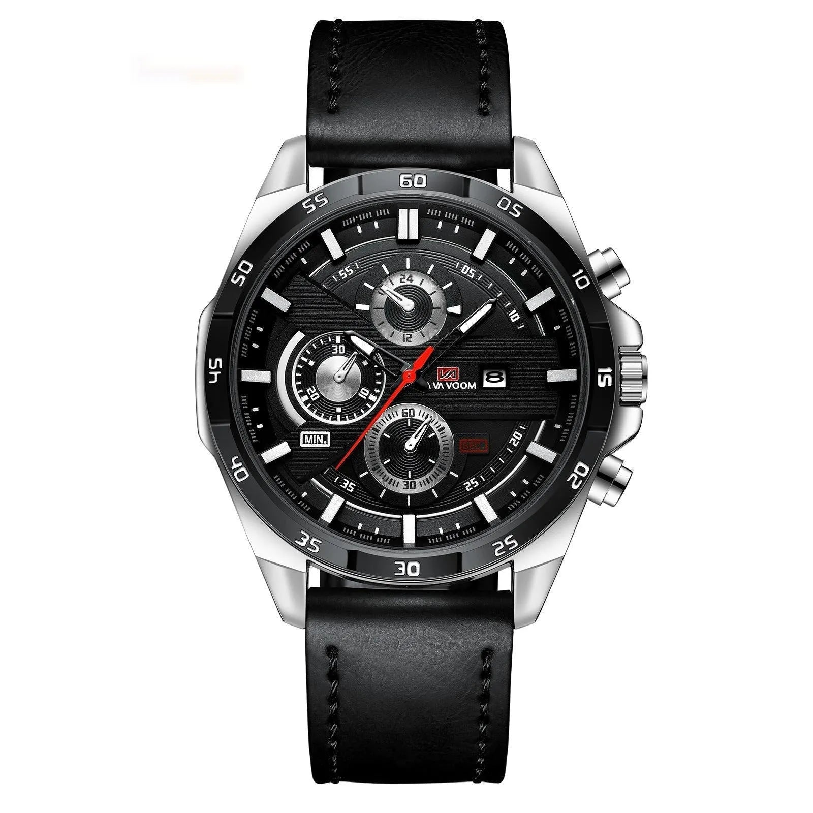 Men's casual quartz watch with business calendar on brown leather-look strap and white dial.