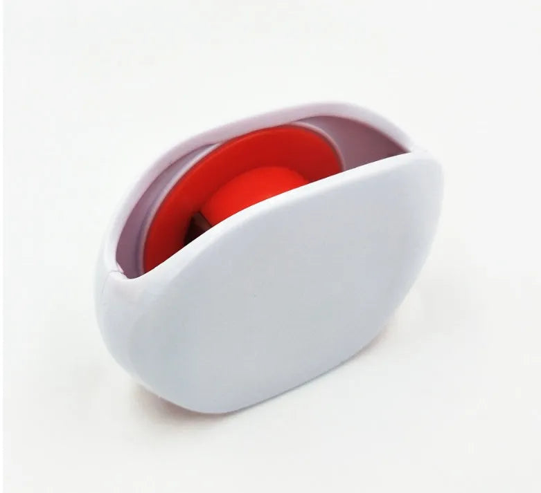 Automatic push-button earphone cable winder reel in assorted colours on a white background.