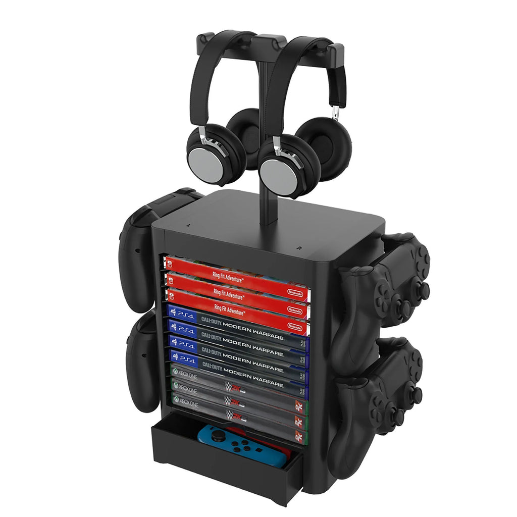 Black gaming storage rack with headphone holder, controller sides, and drawer for PS5 Xbox Switch accessories