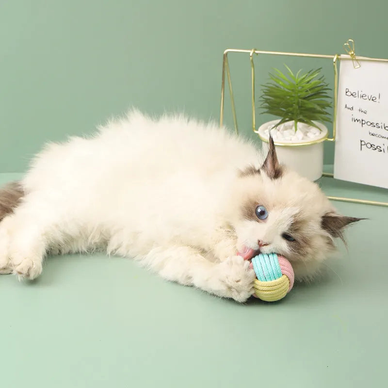 Handmade plush cotton cat hair ball toy in mixed colours, shown next to a ruler indicating 5cm size.