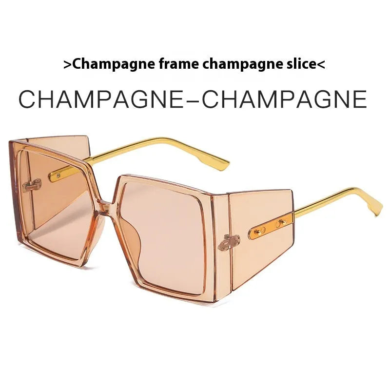 Large square frame sunglasses showing available colour options including black, blue, and orange frames.