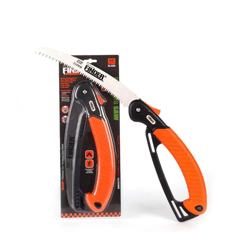 Folding garden saw with orange TPR grip and 9-inch steel blade extended for cutting