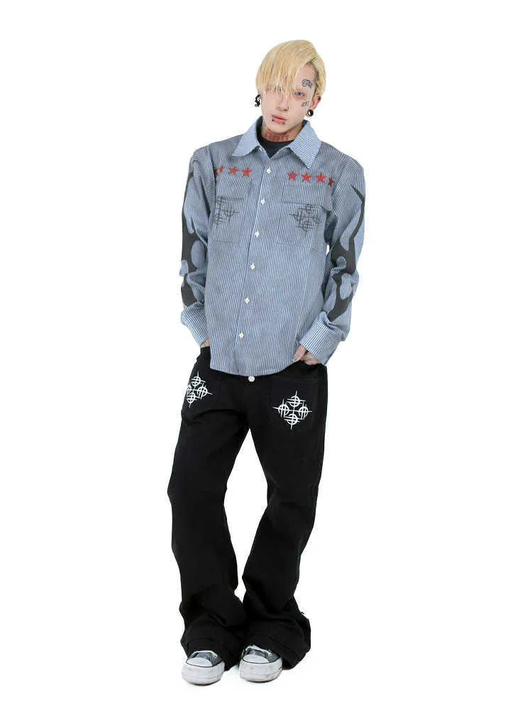 Washed blue striped long sleeve shirt with lapel collar laid flat, showing single-breasted placket.