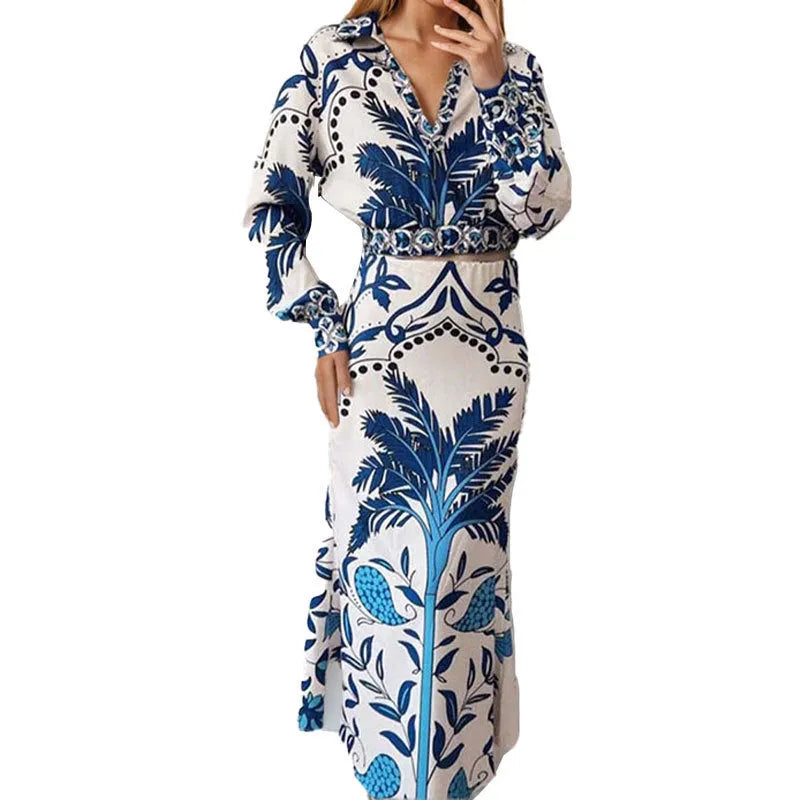 Women's floral print co-ord set with long sleeves and long skirt in picture colour