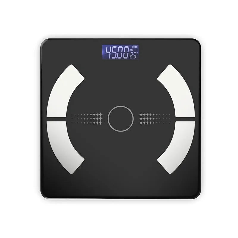 White Bluetooth body fat scale on bathroom floor showing weight, body fat, water and calorie measurements