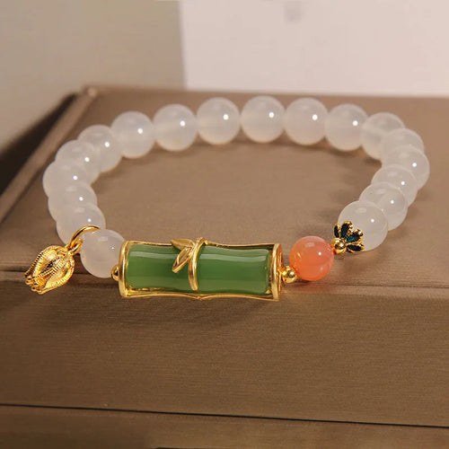 White agate jasper and jade bamboo beaded bracelet in Chinese retro style for women