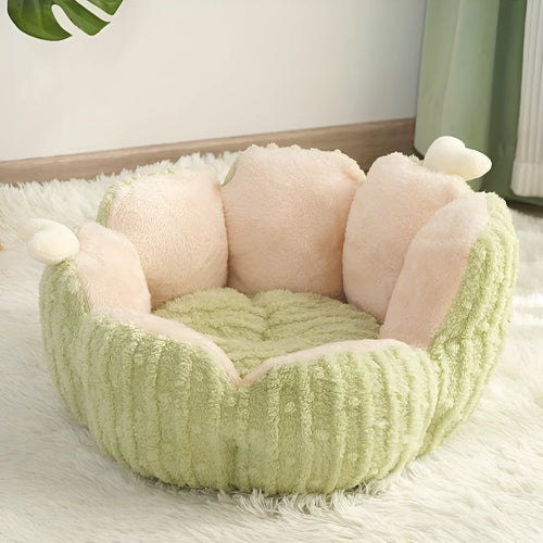 Green cactus pattern soft fabric cat kennel next to a purple one, showing large and small size options.