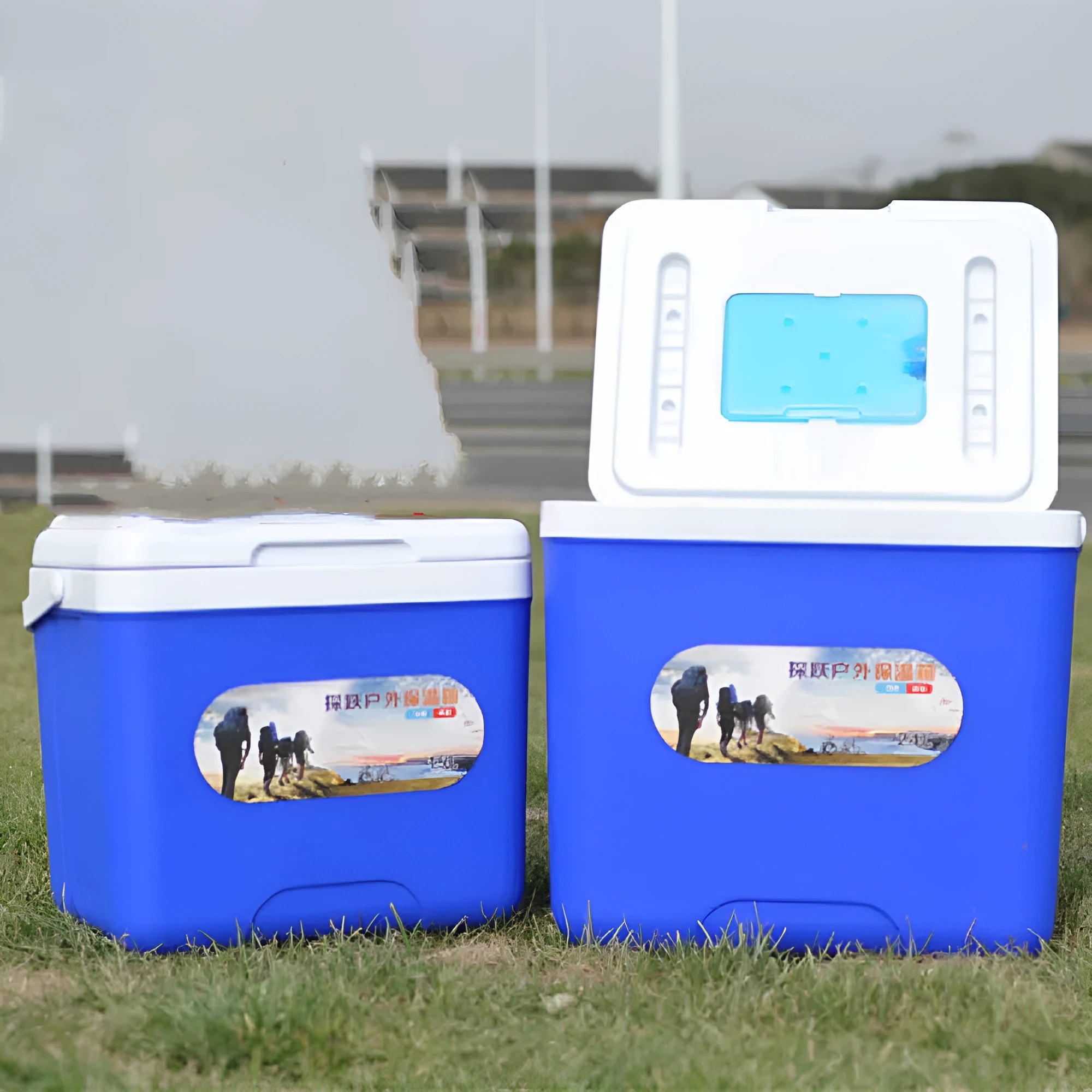 Blue portable insulated cooler bag with aluminium foil interior, shown in multiple size options.