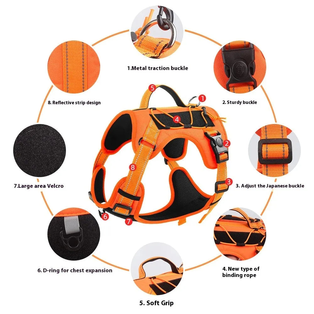 Reflective orange dog harness with black hand holding rope and explosion-proof breast strap.