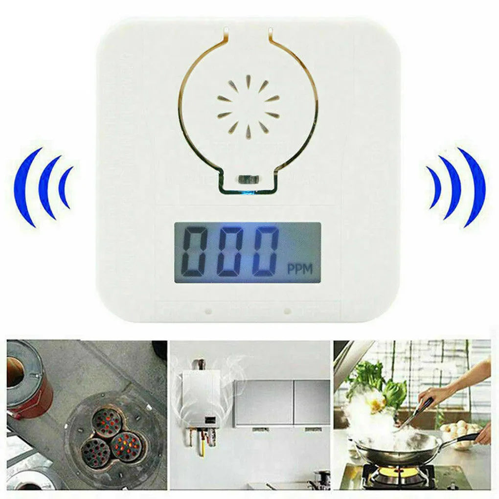 White wireless carbon monoxide alarm unit for wall mounting, detects CO gas from coal stoves.