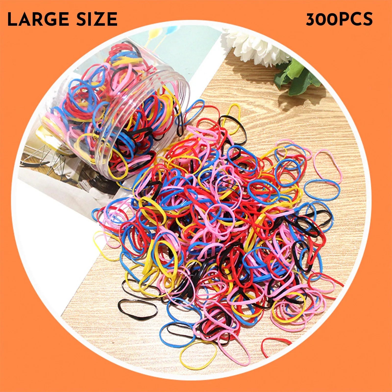 Assortment of colourful thin TPU baby hair ties in a clear reusable plastic container.
