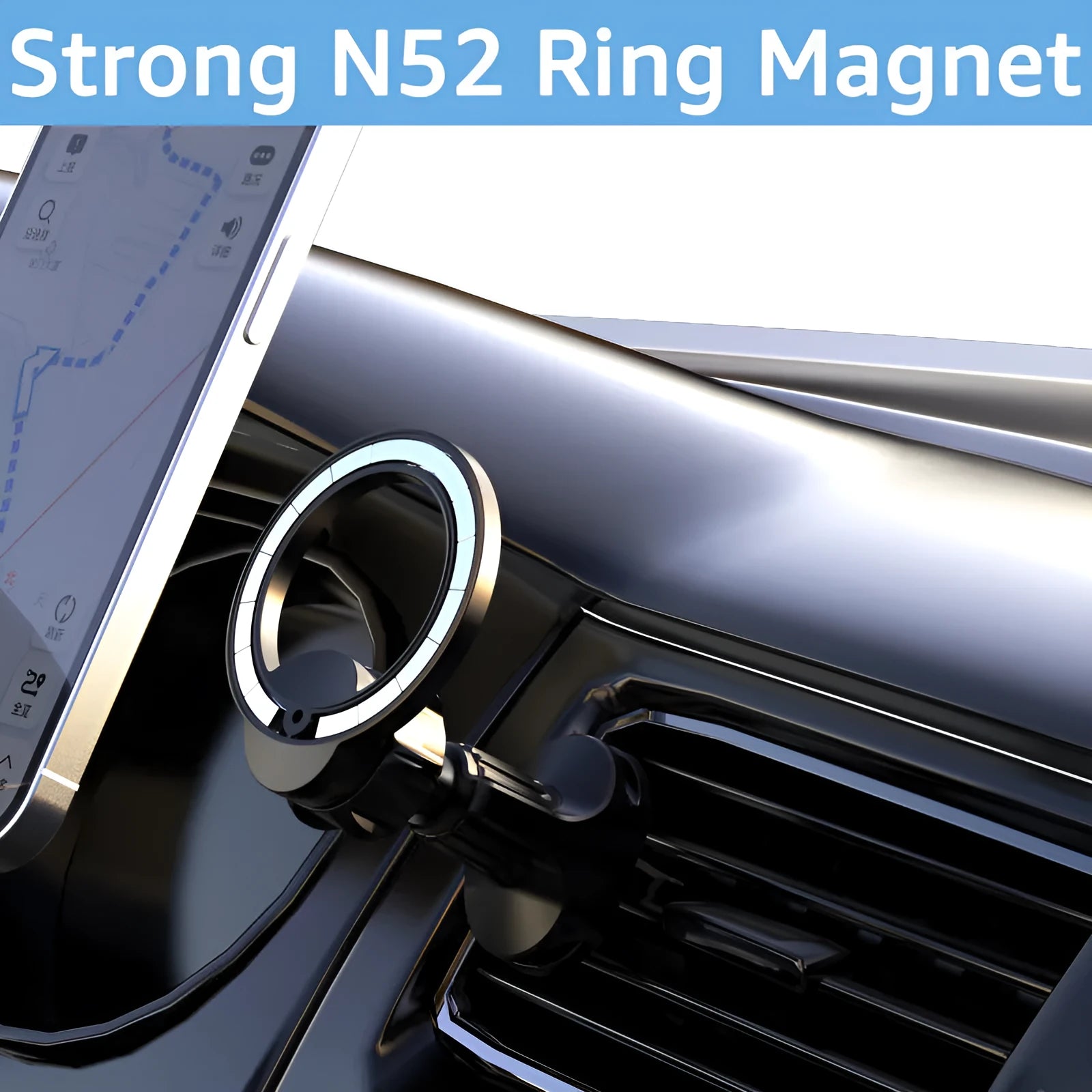Black magnetic car phone holder with O-ring bracket for mounting phones up to 6.8 inches in vehicles