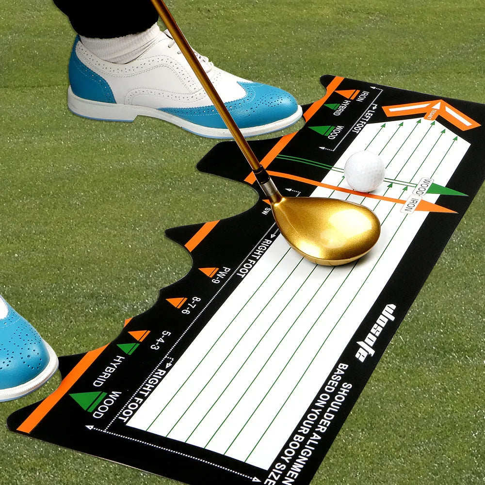 Black neoprene golf swing posture correction mat with directional alignment markings